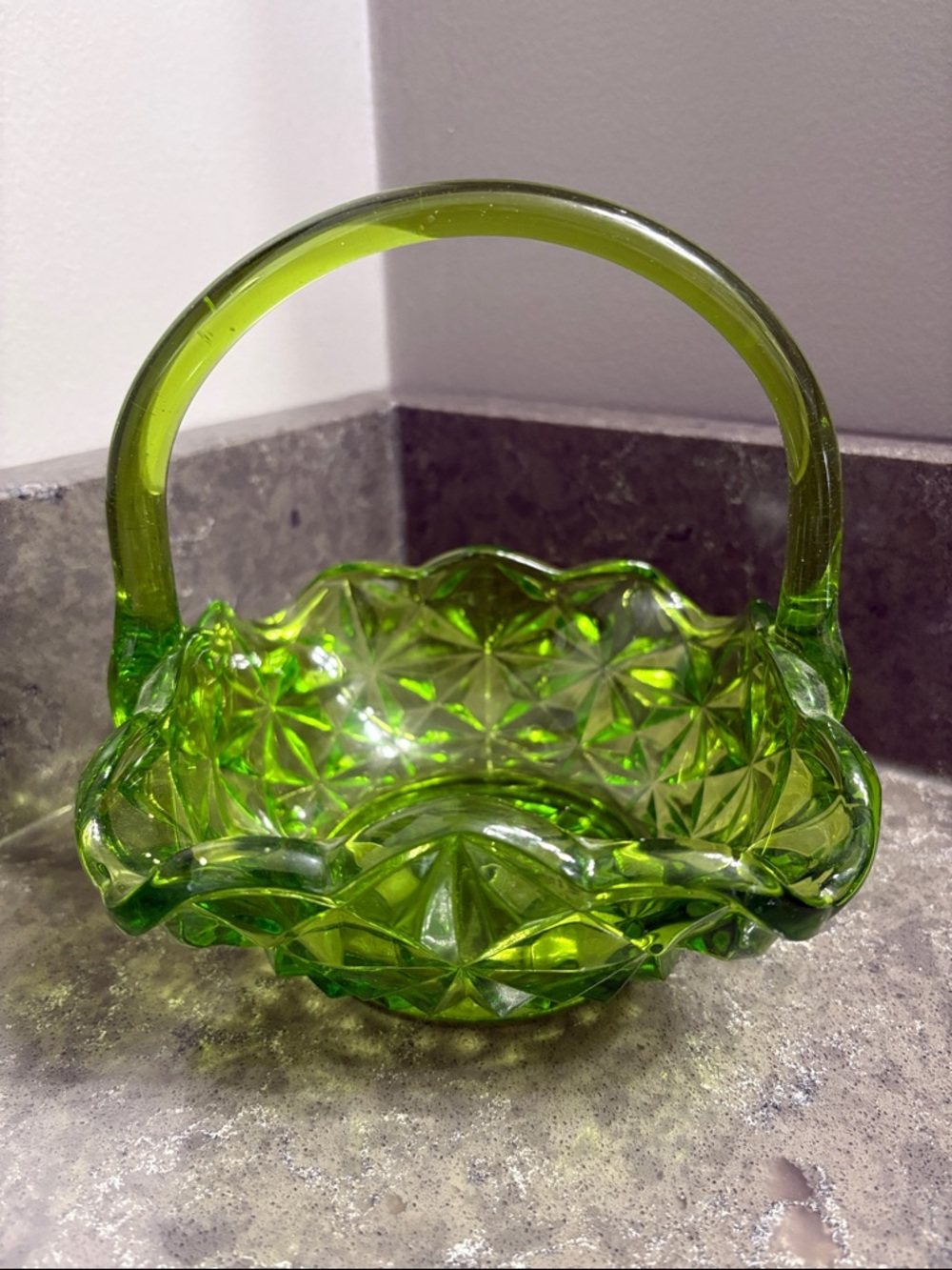 Vintage Indiana Glass Lime Green Cut-Glass Basket with Handle